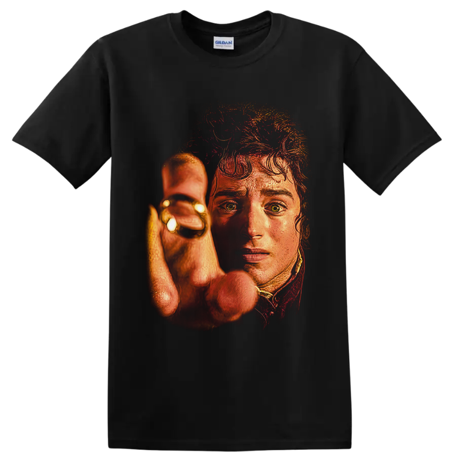 Frodo Baggins holding the One Ring in fiery painterly fantasy portrait art on a Black T Shirt