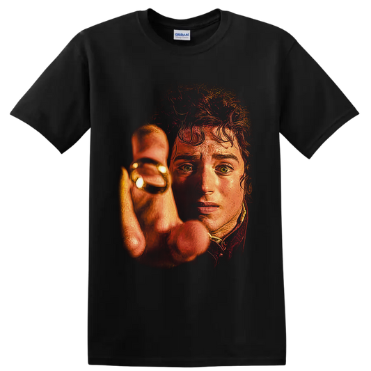 Frodo Baggins holding the One Ring in fiery painterly fantasy portrait art on a Black T Shirt