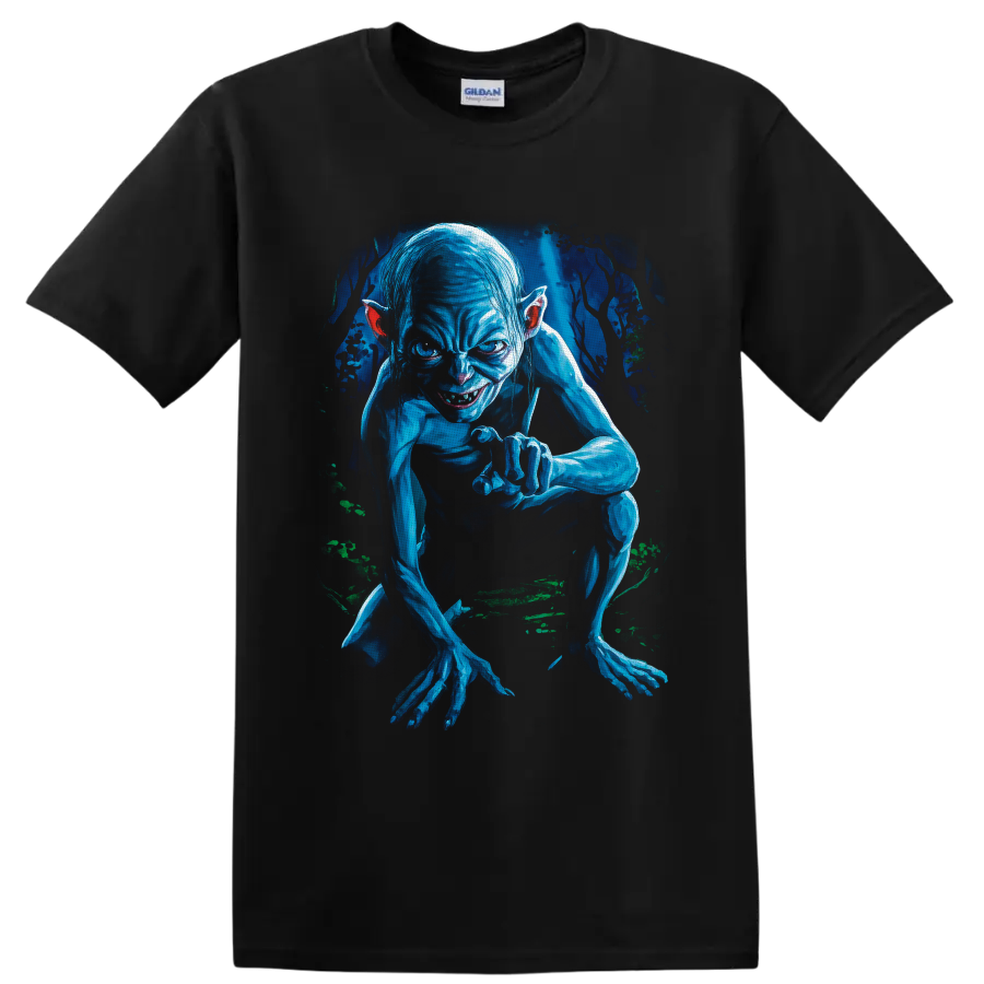 Gollum crouching in a shadowy forest, rendered in vivid blue dark fantasy art on a Black T Shirt
