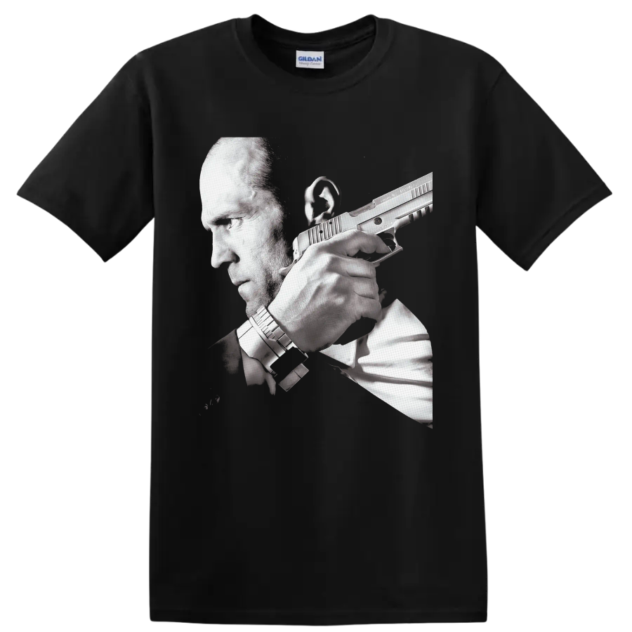 Jason Statham as Frank Martin in Transporter 3 grayscale action portrait on a Black T Shirt