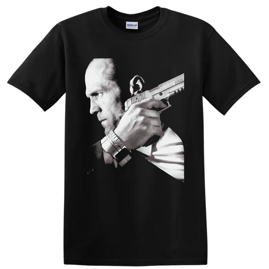 Jason Statham as Frank Martin in Transporter 3 grayscale action portrait on a Black T Shirt