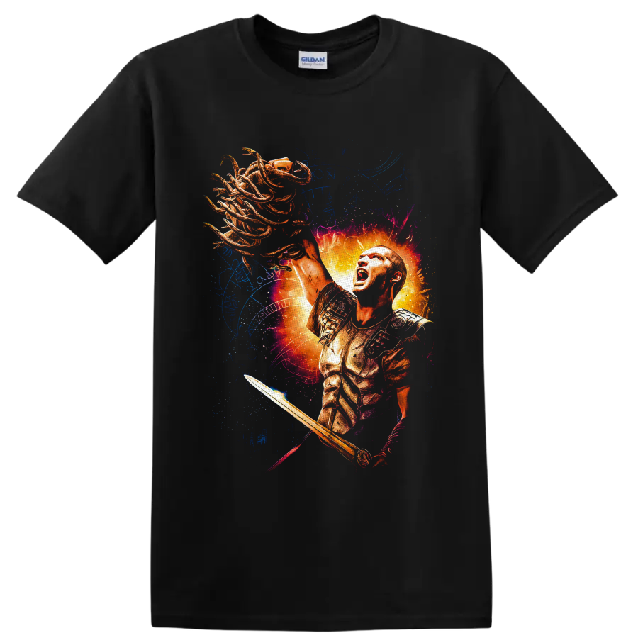 Perseus holding Medusa's serpent-haired head in fiery Greek mythology fantasy art on a Black T Shirt