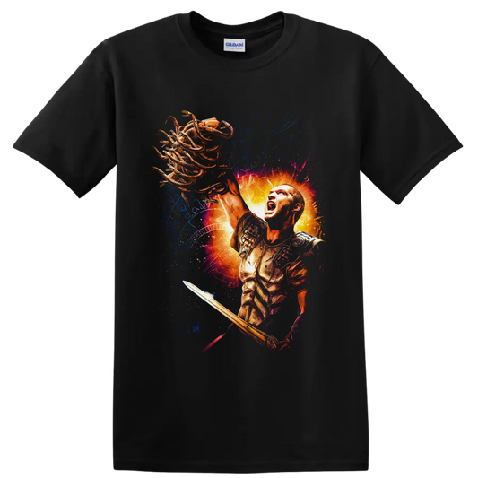 Perseus holding Medusa's serpent-haired head in fiery Greek mythology fantasy art on a Black T Shirt