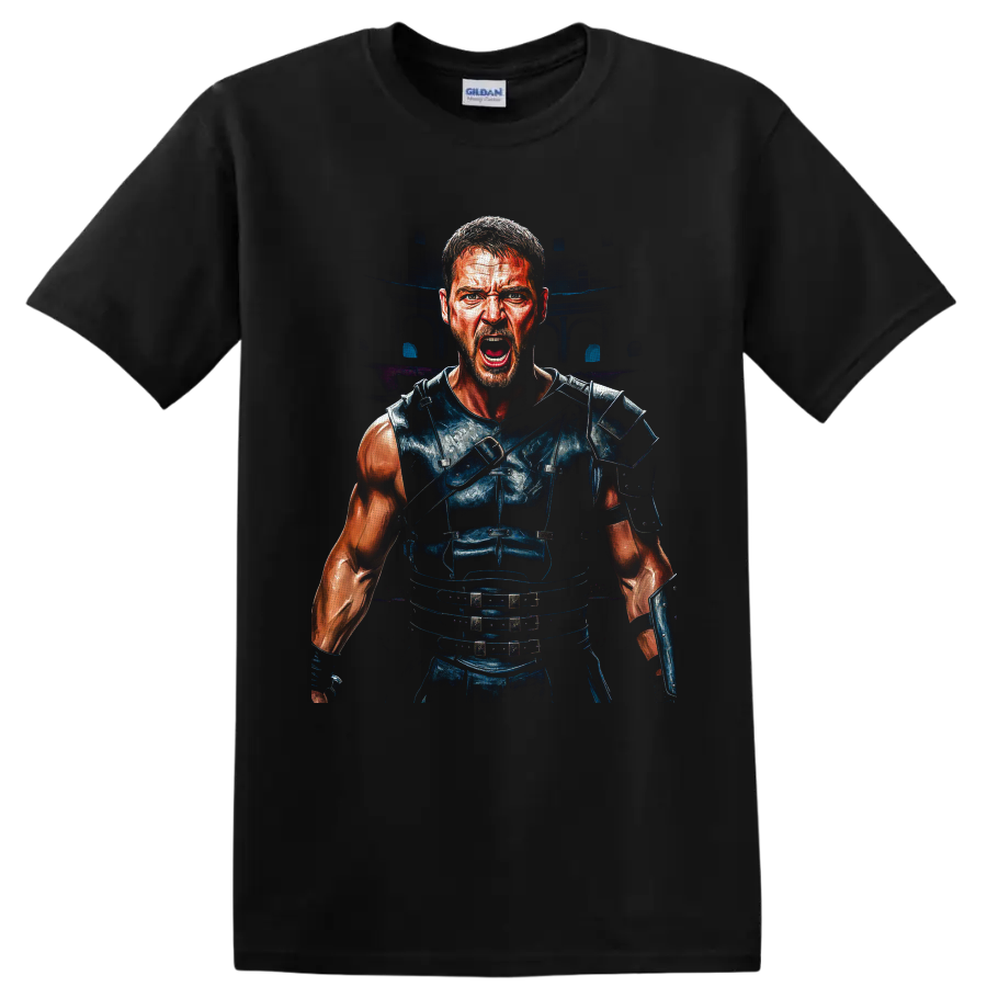 Maximus Decimus Meridius roaring in Roman armor with a shadowy arena backdrop on a Black T Shirt