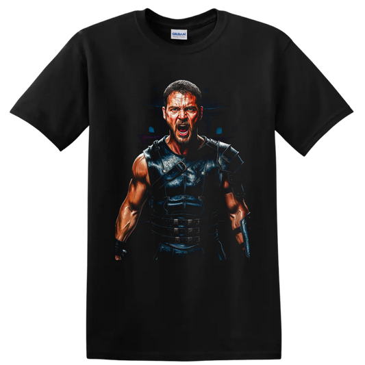 Maximus Decimus Meridius roaring in Roman armor with a shadowy arena backdrop on a Black T Shirt
