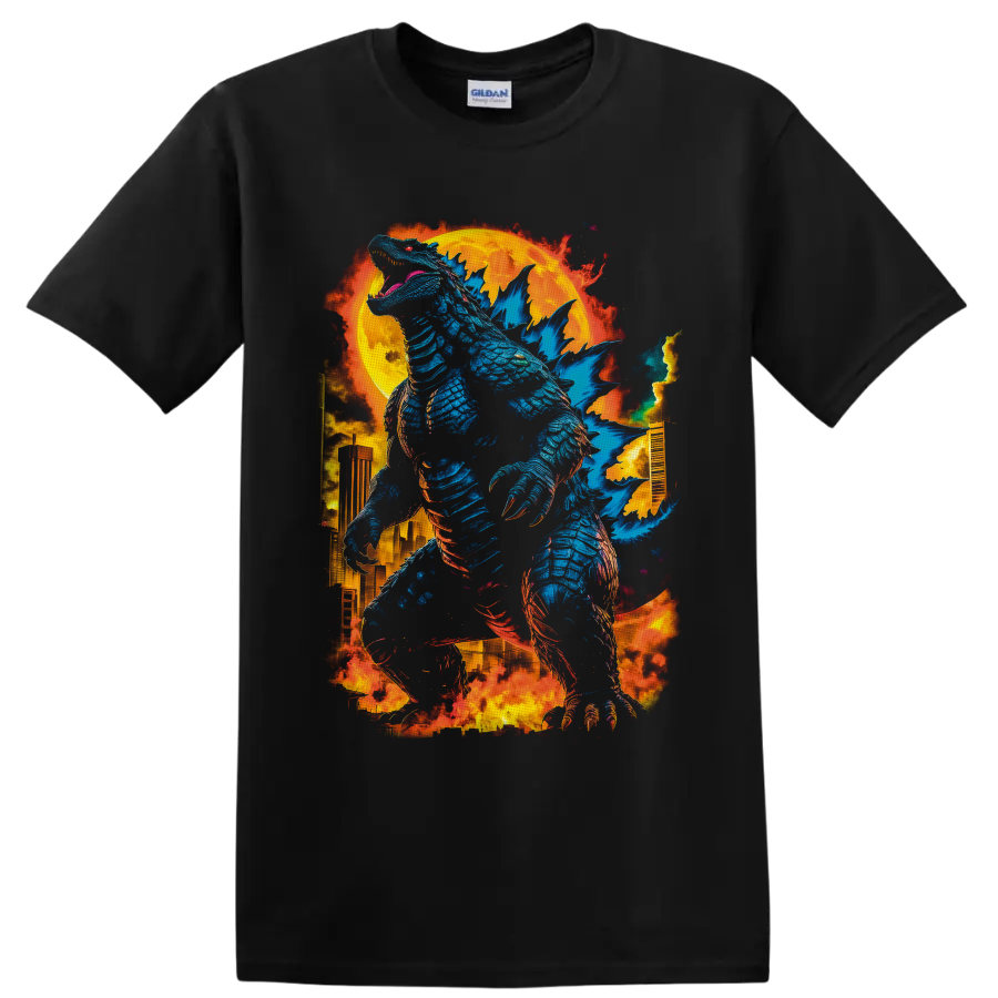 Godzilla blue kaiju towering over a burning city beneath a blazing moon on a Black T Shirt