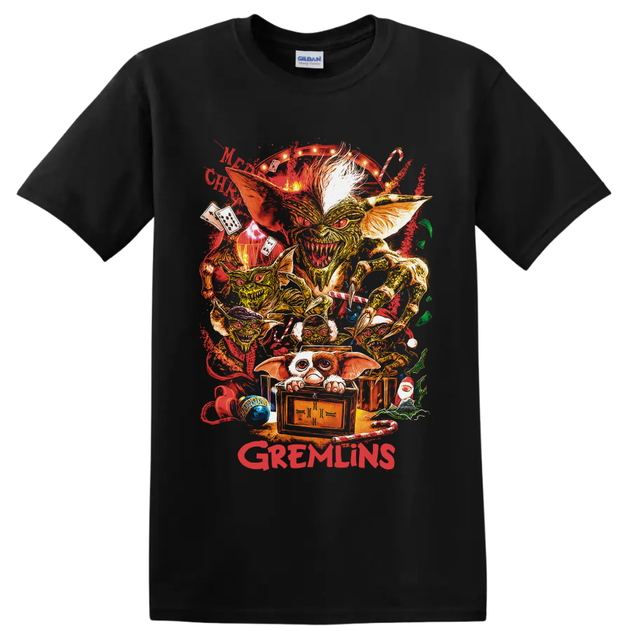 Gizmo Gremlins Christmas collage with Mogwai, creatures, candy canes, and crate on a Black T Shirt
