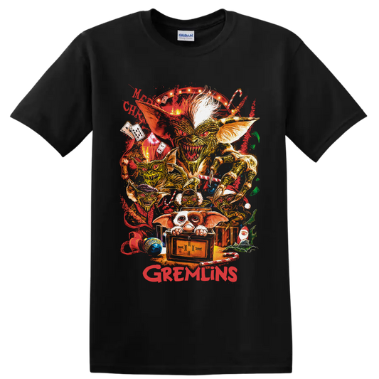 Gizmo Gremlins Christmas collage with Mogwai, creatures, candy canes, and crate on a Black T Shirt