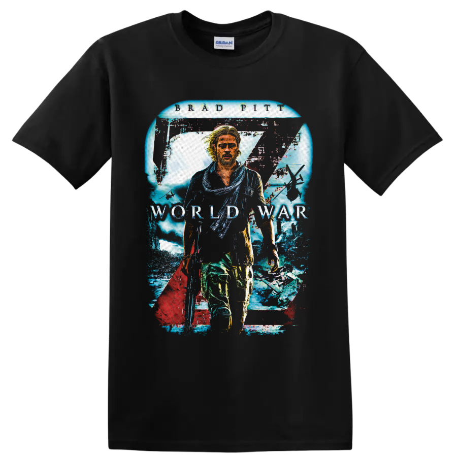 Jerry Lane World War Z distressed collage with aircraft, infected crowd, and movie text on a Black T Shirt