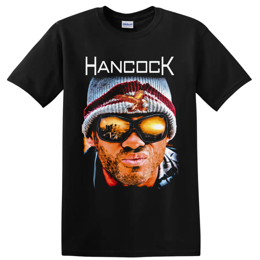John Hancock Hancock portrait with knit cap, mirrored sunglasses, and city reflections on a Black T Shirt