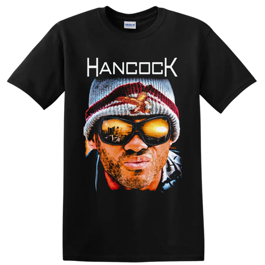 John Hancock Hancock portrait with knit cap, mirrored sunglasses, and city reflections on a Black T Shirt
