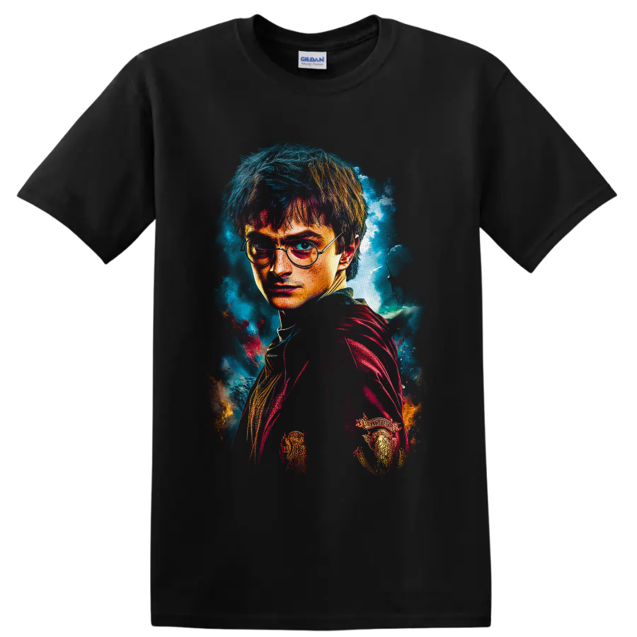 Harry Potter wizard portrait in vivid textured fantasy art with round glasses on a Black T Shirt