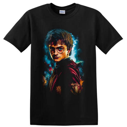 Harry Potter wizard portrait in vivid textured fantasy art with round glasses on a Black T Shirt