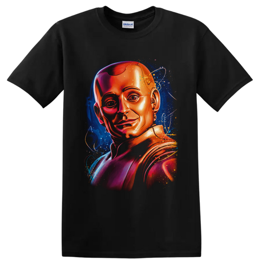 Cyborg portrait in vivid metallic tones with cosmic stars and orbital line art on a Black T Shirt