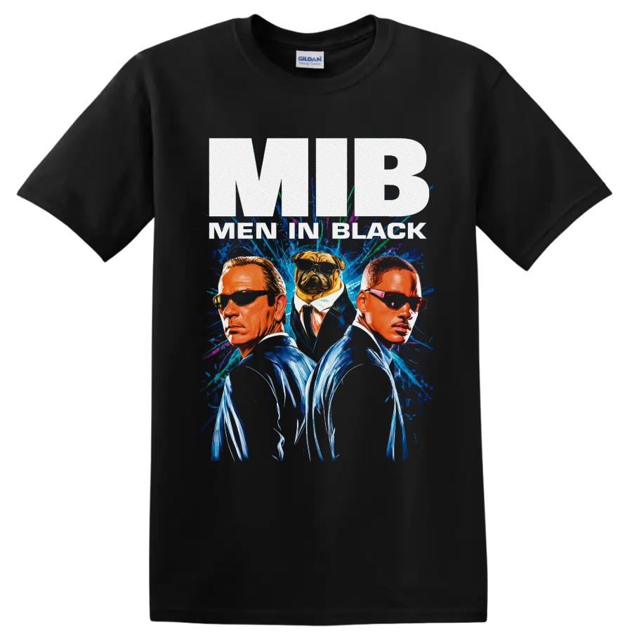 Agent J, Agent K and Frank the Pug in neon Men in Black II poster art on a Black T Shirt