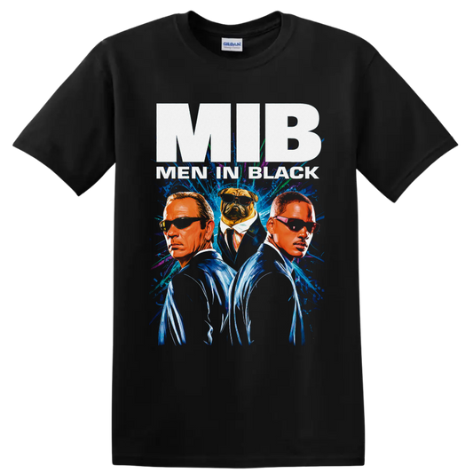 Agent J, Agent K and Frank the Pug in neon Men in Black II poster art on a Black T Shirt