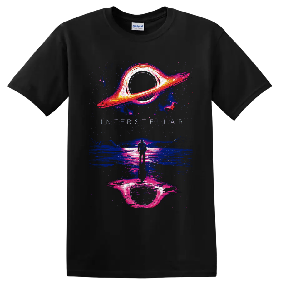 Neon Interstellar astronaut beneath a glowing black hole over reflective alien water on a Black T Shirt