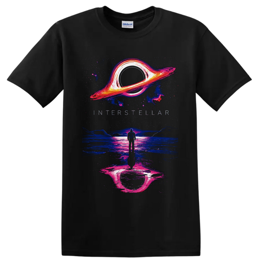 Neon Interstellar astronaut beneath a glowing black hole over reflective alien water on a Black T Shirt