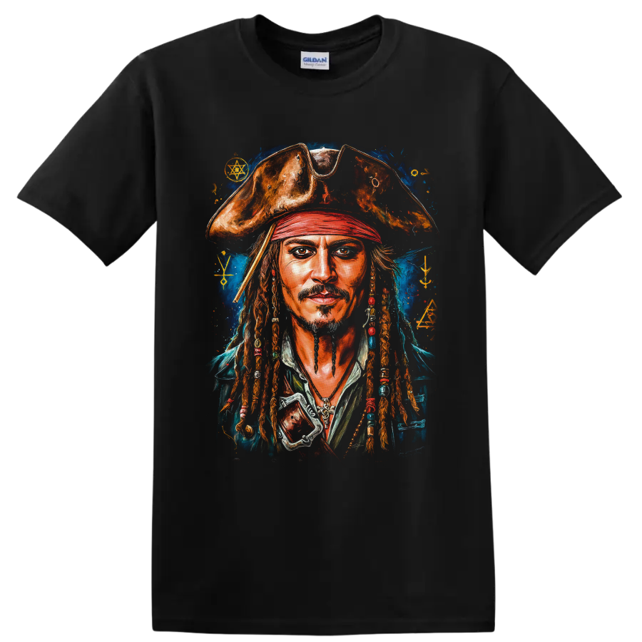 Captain Jack Sparrow painterly pirate portrait with tricorn hat and mystical blue backdrop on a Black T Shirt