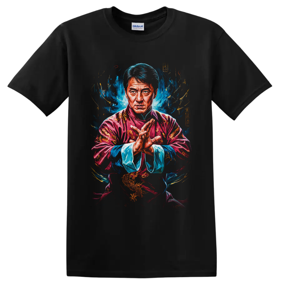 Jackie Chan as Mr. Han in a vivid painterly martial arts portrait on a Black T Shirt