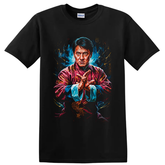 Jackie Chan as Mr. Han in a vivid painterly martial arts portrait on a Black T Shirt