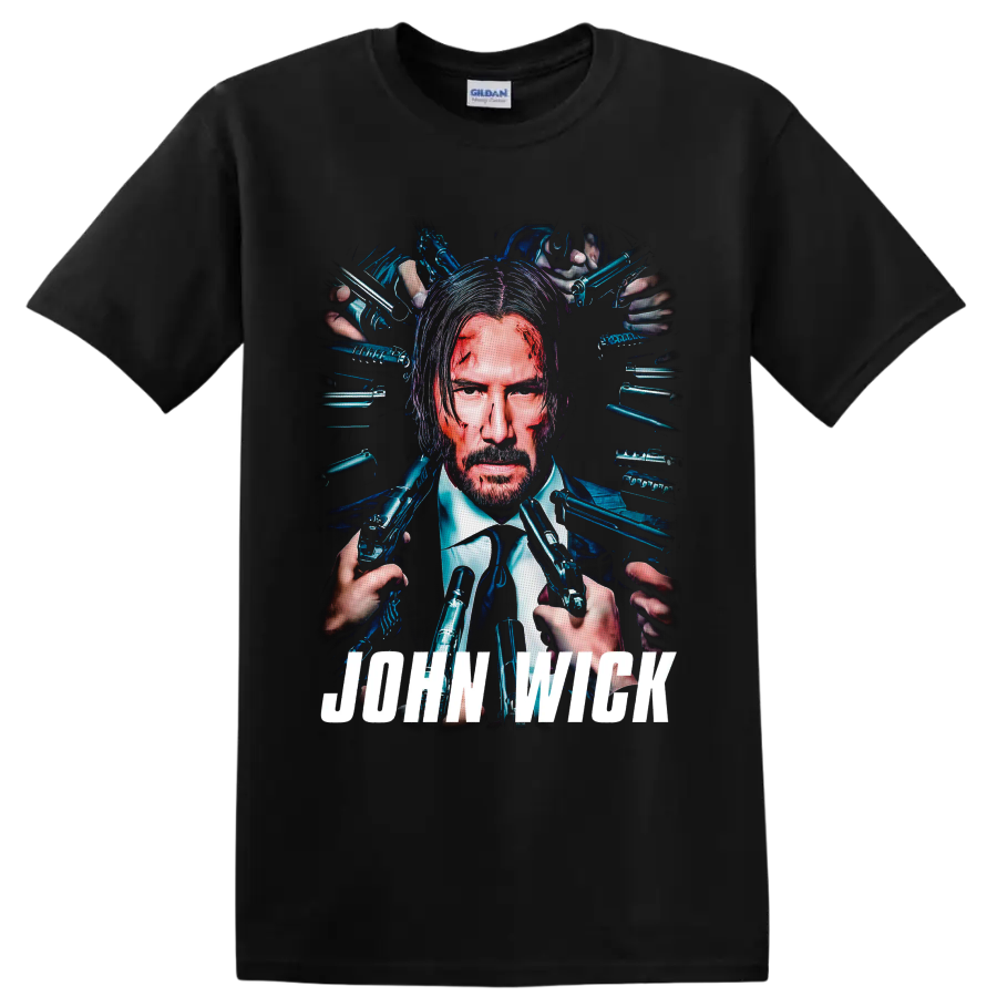 John Wick neon portrait with surrounding pistols and bold white title lettering on a Black T Shirt