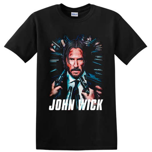 John Wick neon portrait with surrounding pistols and bold white title lettering on a Black T Shirt