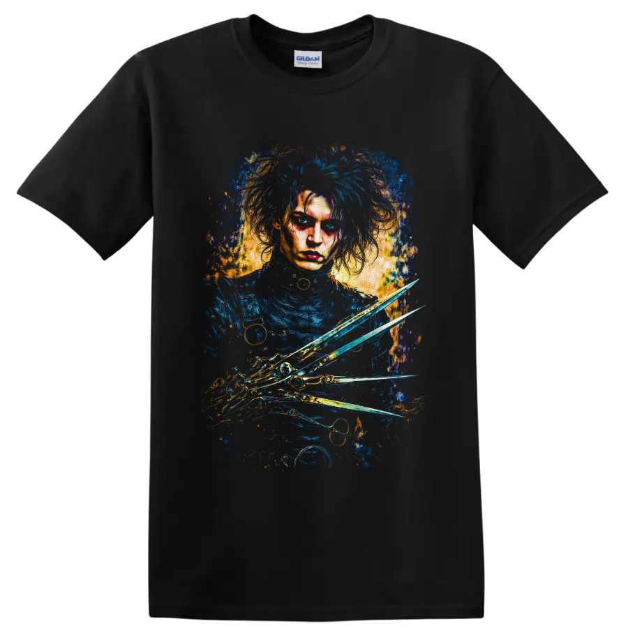 Edward Scissorhands gothic portrait with blue hair, scissor hands, and gold splatter art on a Black T Shirt