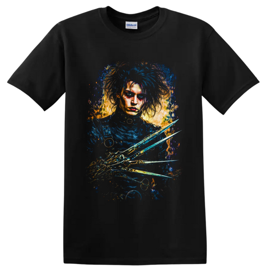 Edward Scissorhands gothic portrait with blue hair, scissor hands, and gold splatter art on a Black T Shirt