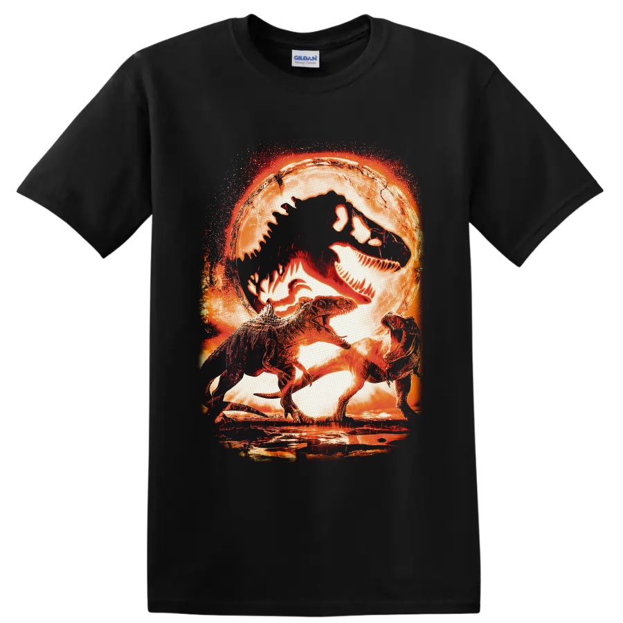 Jurassic World T Rex dinosaurs beneath a fiery fossil skull in distressed cinematic art on a Black T Shirt