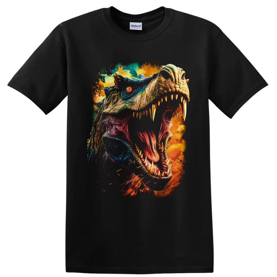 Jurassic World Tyrannosaurus rex roaring color-splash dinosaur art on a Black T Shirt