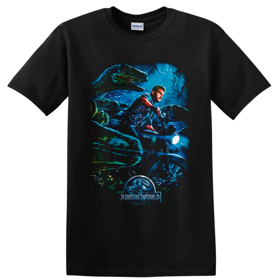 Owen Grady on motorcycle with dinosaurs in neon underwater Jurassic World artwork on a Black T Shirt