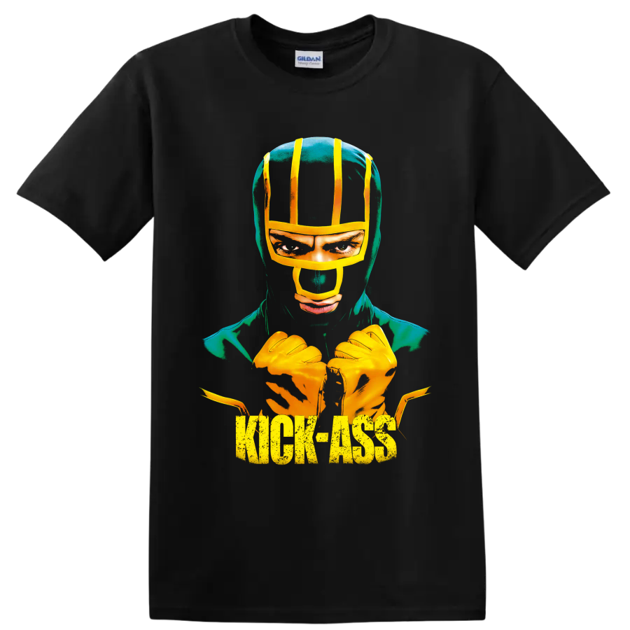 Dave Lizewski as Kick-Ass in a distressed comic-style masked hero graphic on a Black T Shirt