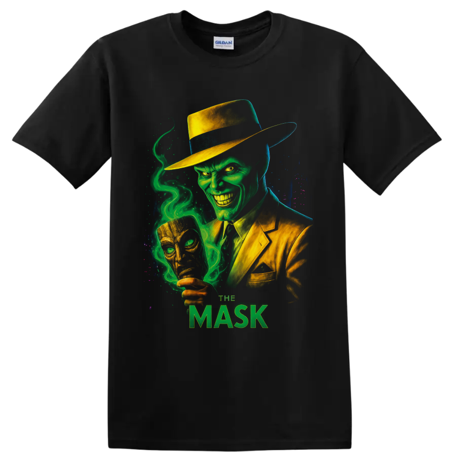 The Mask green-faced character in yellow suit with swirling smoke and golden mask on a Black T Shirt