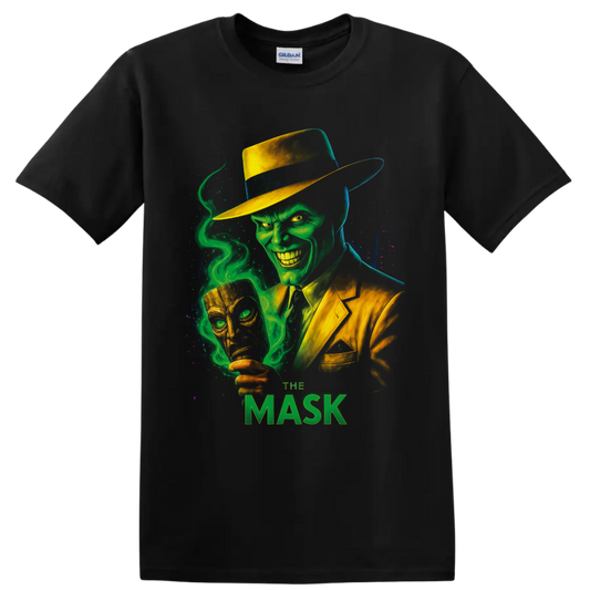 The Mask green-faced character in yellow suit with swirling smoke and golden mask on a Black T Shirt
