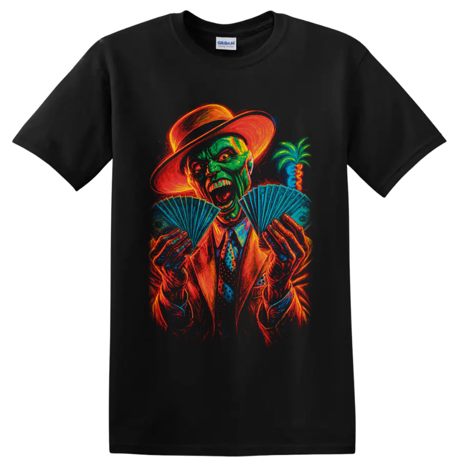 The Mask neon character in hat and suit fanning playing cards on a Black T Shirt