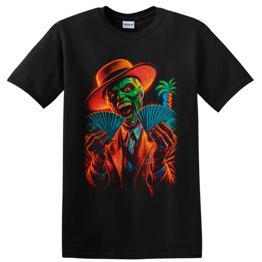 The Mask neon character in hat and suit fanning playing cards on a Black T Shirt