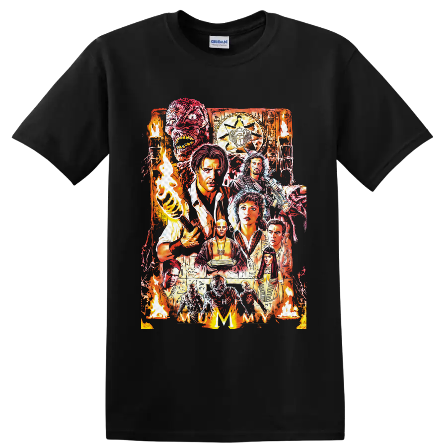 The Mummy 1999 fiery Egyptian horror collage with characters, mummy face, torches and on a Black T Shirt