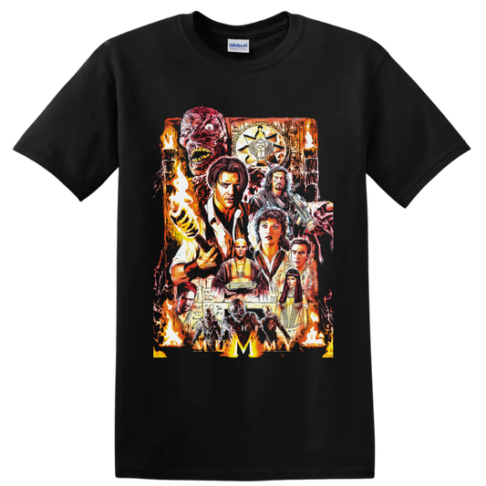 The Mummy 1999 fiery Egyptian horror collage with characters, mummy face, torches and on a Black T Shirt