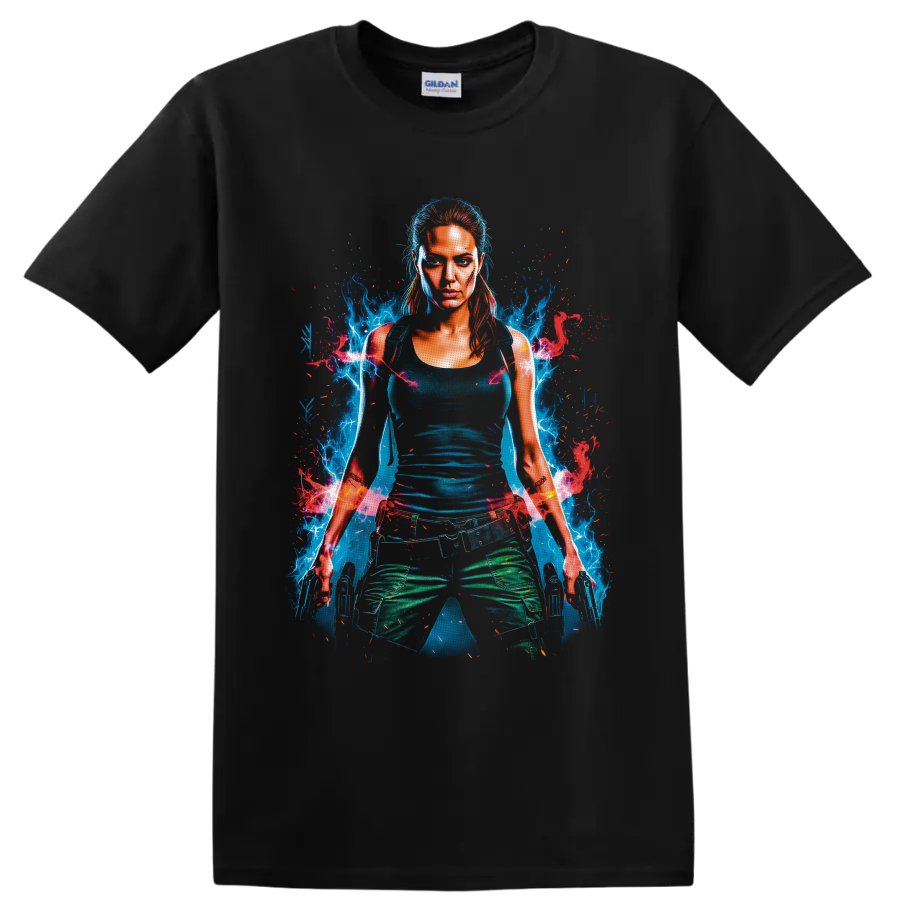 Lara Croft Tomb Raider neon digital portrait with blue energy, red sparks, and dual on a Black T Shirt