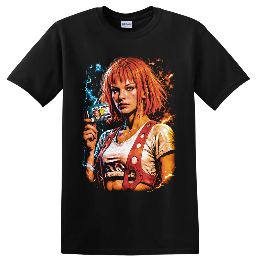 Leeloo portrait with orange hair, multipass, blue lightning, and fiery sci-fi energy on a Black T Shirt