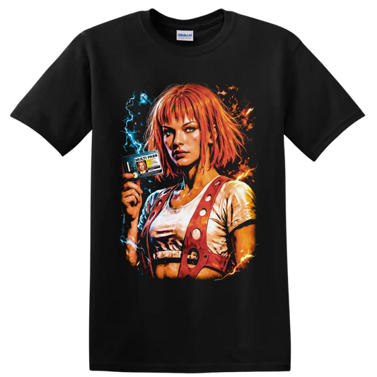 Leeloo portrait with orange hair, multipass, blue lightning, and fiery sci-fi energy on a Black T Shirt