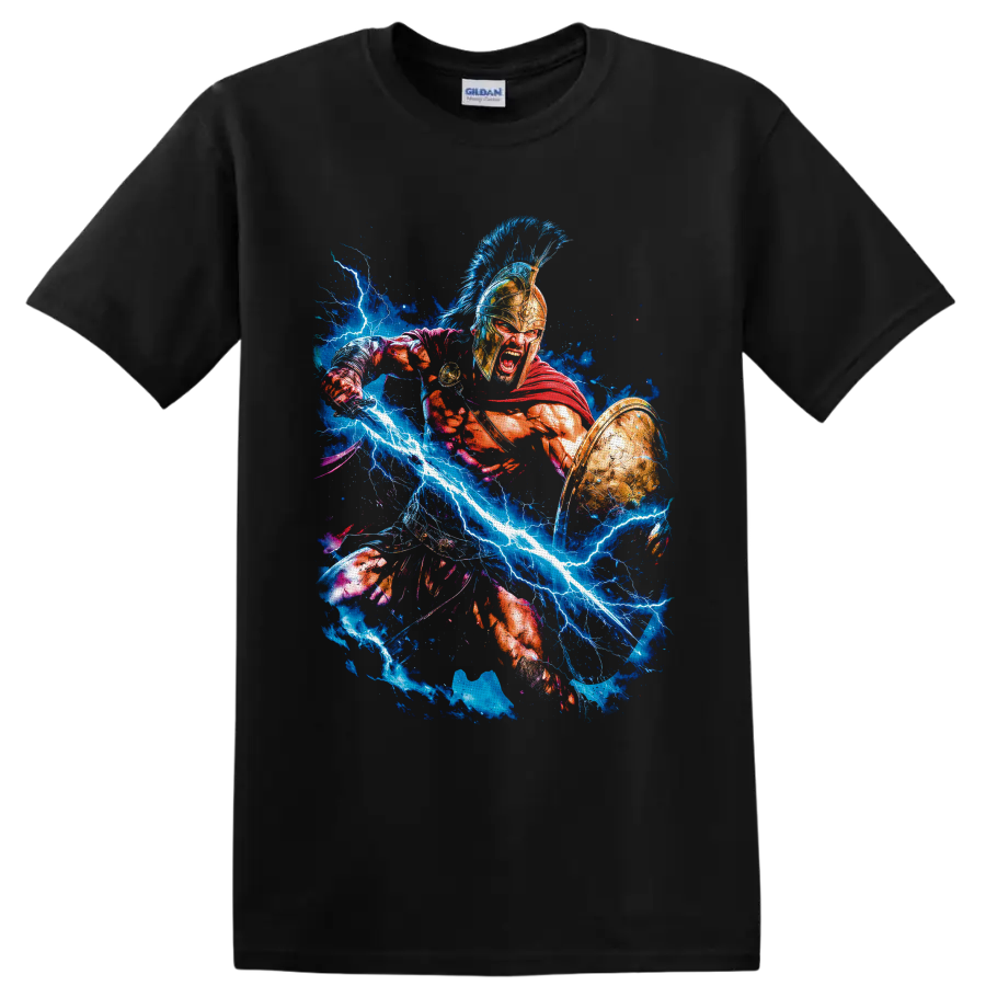 King Leonidas 300 Spartan warrior art with shield, red cape, and blue lightning on a Black T Shirt