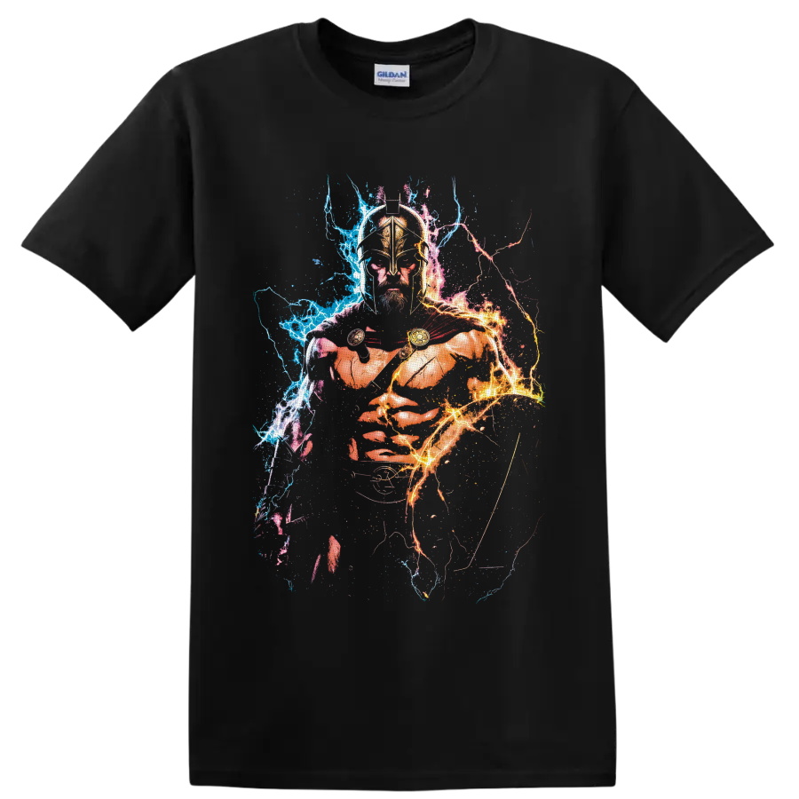 Leonidas 300 Spartan warrior with bronze helmet, red cloak, and blue-orange lightning on a Black T Shirt