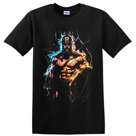 Leonidas 300 Spartan warrior with bronze helmet, red cloak, and blue-orange lightning on a Black T Shirt