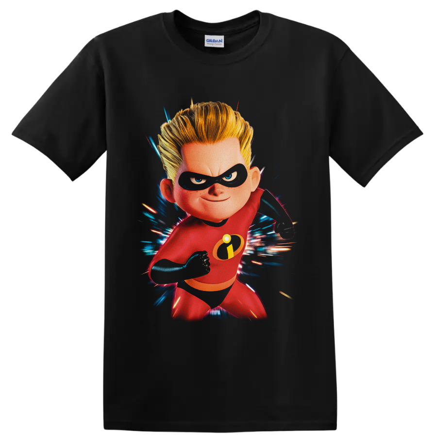 Dash Parr in red hero suit with black mask and blue red speed burst artwork on a Black T Shirt