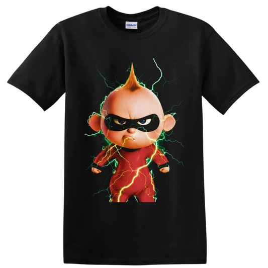 Jack-Jack Parr cartoon portrait with green and golden lightning bolts on a Black T Shirt