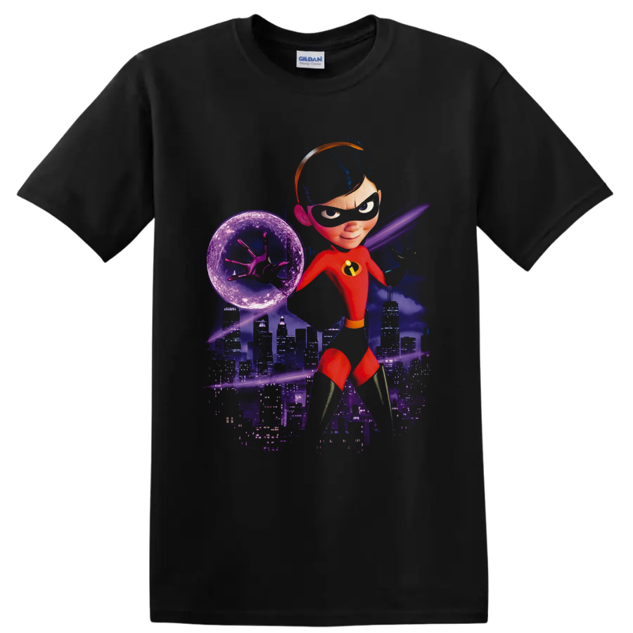 Violet Parr force-field superhero artwork with purple city skyline and cosmic background on a Black T Shirt