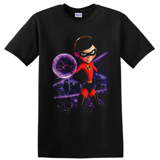 Violet Parr force-field superhero artwork with purple city skyline and cosmic background on a Black T Shirt
