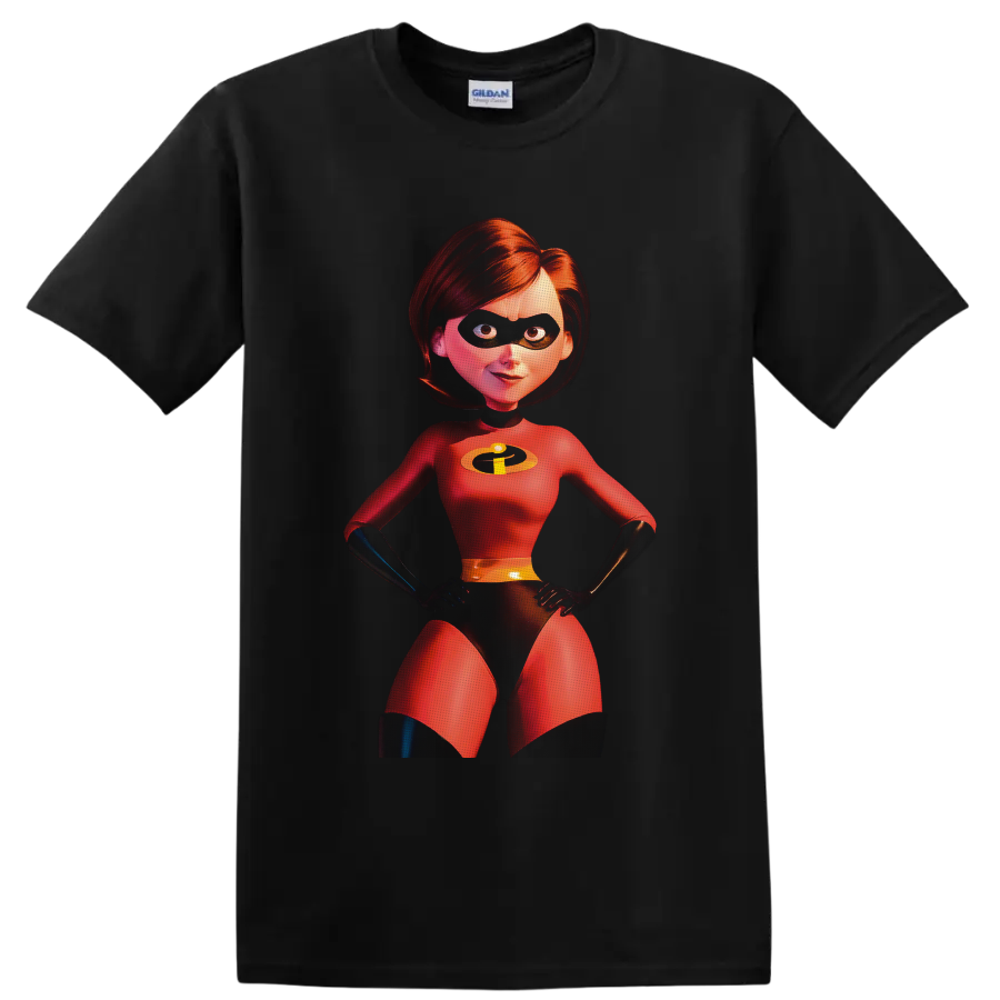Elastigirl from The Incredibles in a vivid red superhero suit character portrait on a Black T Shirt